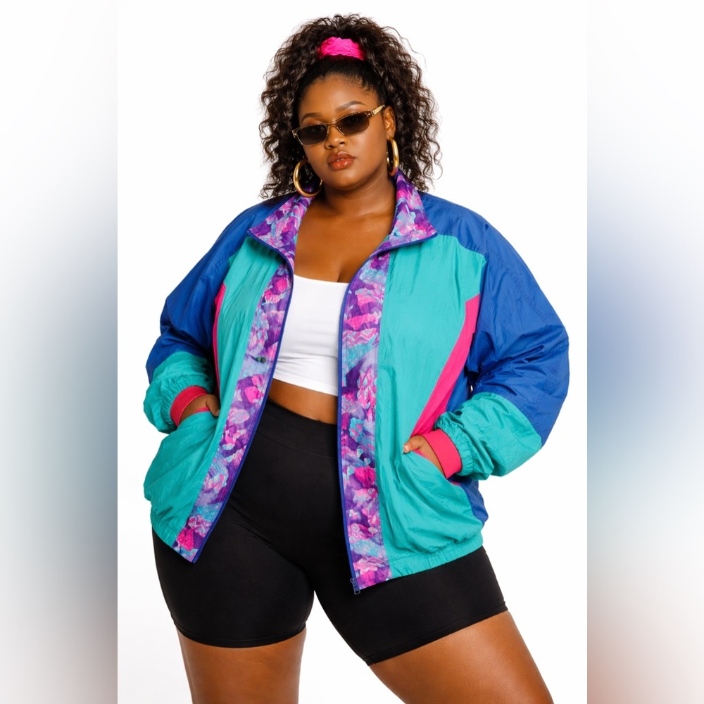 Vintage 90s Colorblock Windbreaker Jacket Plus Size 3X Teal Pink Blue